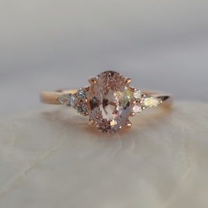 1.5ct Oval engagement ring. Champagne peach sapphire diamond ring 14k rose gold Campari engagement ring by Eidelprecious