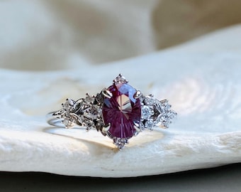 Mystical Alexandrite Engagement Ring in 14k white gold with diamonds. Elven Fantasy inspired whimsical engagement ring.