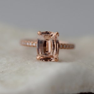 Rose gold engagement ring. Blake ring Cushion peach champagne Sapphire Engagement Ring cushion cut sapphire ring by Eidelprecious image 4