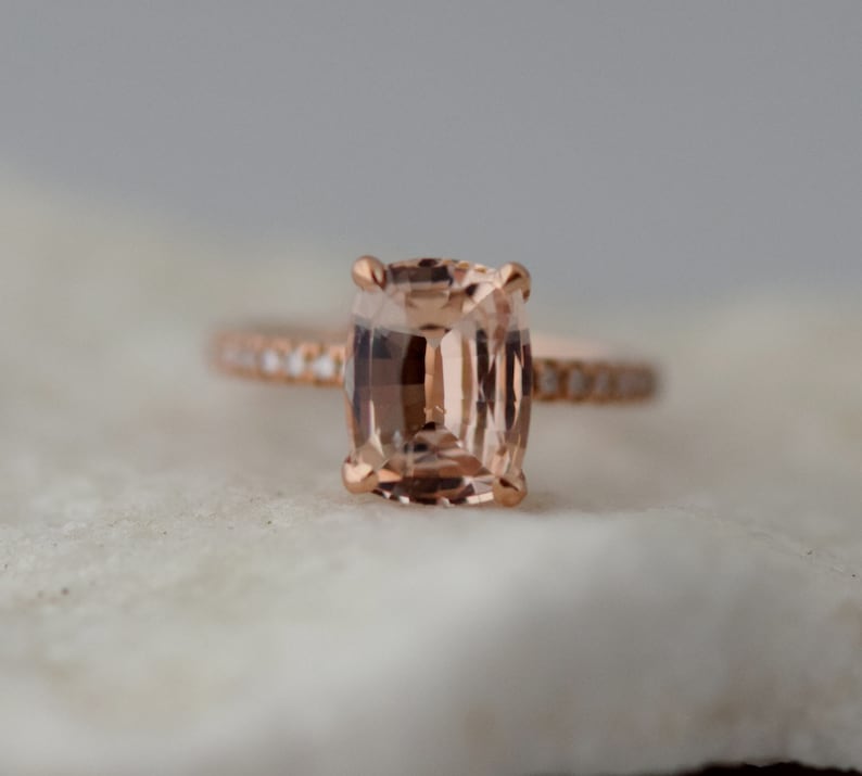 Rose gold engagement ring. Blake ring Cushion peach champagne Sapphire Engagement Ring cushion cut sapphire ring by Eidelprecious image 4