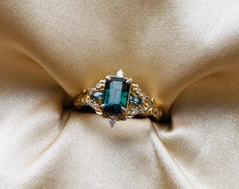 New Arwen Emerald Teal sapphire engagement ring. Fantasy ring. 14k rose Gold engagement ring. Blue sapphire and diamond ring Eidelprecious