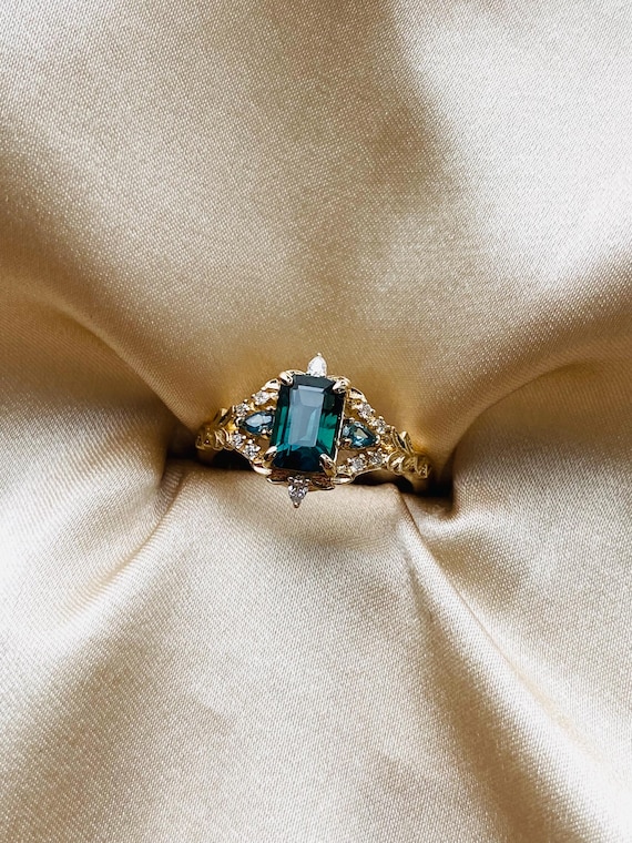 Arwen Emerald Cut Teal Sapphire Engagement Ring: 14k Rose Gold Diamond Fantasy Ring