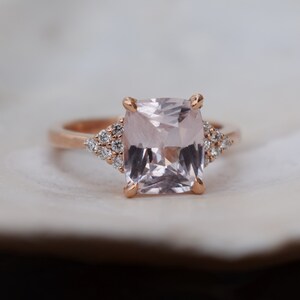 Ice peach sapphire engagement ring. 3.2ct radiant cut light peach sapphire ring diamond ring rose gold ring Martini by Eidelprecious. image 5