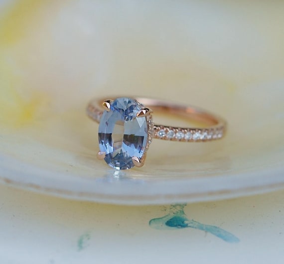 Ice Blue Sapphire Engagement Ring: Oval Cut Diamond, 14k Rose Gold