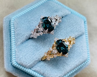 Greta peacock sapphire ring, green sapphire ring. Gift for sisters. Elvish inspired Fantasy ring. Whimsical gold engagement ring