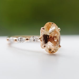 Apricot yellow sapphire diamond engagement ring, Unique Oval ring, marquise diamond band and champagne sapphire. Anniversary ring for wife