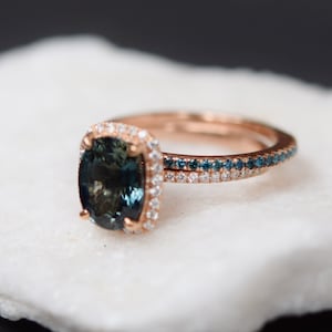 Sapphire bridal set.  Blue Green sapphire engagement ring. Sapphire band. Matching band. Wedding set by Eidelprecious