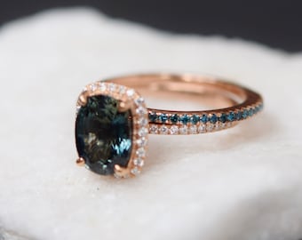 Sapphire bridal set.  Blue Green sapphire engagement ring. Sapphire band. Matching band. Wedding set by Eidelprecious