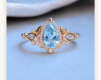 Aquamarine Engagement Ring, Pear Cut Aquamarine, Nature Inspired Ring, Lab Diamond 14K Gold Ring, Yaara 2