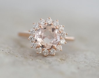 Peach Champagne Sapphire diamond ring 14k rose gold ring engagement ring, 2.3ct round sapphire ring by Eidelprecious