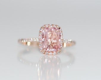 reserved-Peach Sapphire Ring 14k Rose Gold Diamond 3.2ct Radiant cut Peach Sapphire Engagement Ring by Eidelprecious