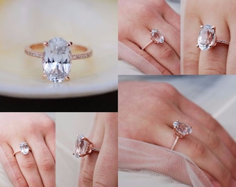 Huge White Sapphire Engagement Ring. 7.8ct Oval engagement ring. Blake Lively engagement ring. 18k rose gold engagement ring 7.8ct sapphire