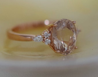 2.8ct Oval engagement ring. Champagne peach sapphire diamond ring 14k rose gold Campari engagement ring by Eidelprecious