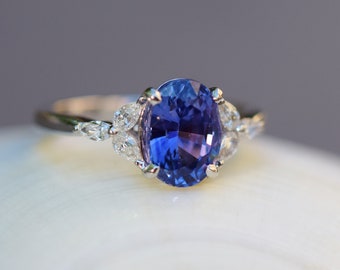 Blue sapphire engagement ring. Violet blue sapphire 2.5ct oval ring diamond ring 14k White gold. Trillium Engagement ring by  Eidelprecious.