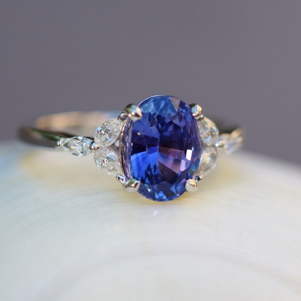 Blue sapphire engagement ring. Violet blue sapphire 2.5ct oval ring diamond ring 14k White gold. Trillium Engagement ring by  Eidelprecious.