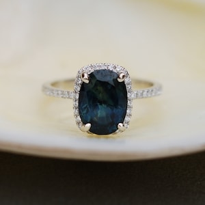 SPECIAL - White Gold Engagement Ring 2Ct Green Blue Sapphire cushion halo engagement ring 14k white gold.