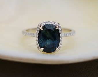 SPECIAL - White Gold Engagement Ring 2Ct Green Blue Sapphire cushion halo engagement ring 14k white gold.