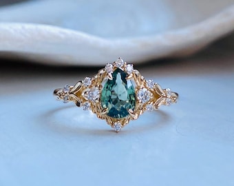 Kassandra Rosemary sapphire engagement ring. Fairy tale gold ring. Green sapphire ring. Green Pear Fantasy Sapphire Ring by Eidelprecious