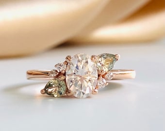 Flower moissanite sapphire ring. Unique Floral Summer jewellery 2024. Moissanite green sapphires and diamond ring 14k rose gold Eidelpreciou
