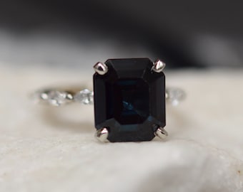 Black sapphire and diamond engagement ring. Black gemstone ring. Emerald cut engagement Ring. September birthstone. Statement ring.