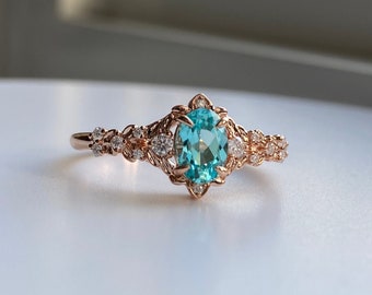 Paraiba Tourmaline engagement ring, Neon blue green ring, Arwen ring in rose gold. Cluster, multi-stone, Fantasy alternative ring