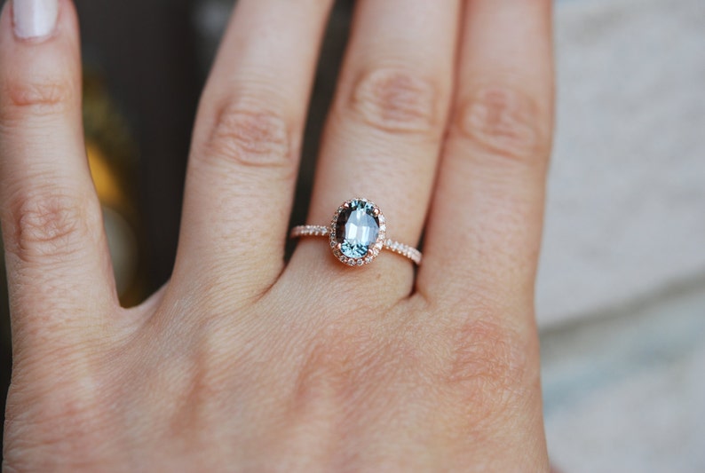 Green blue sapphire engagement ring. Mint sapphire 2.05ct oval halo diamond ring 14k Rose gold. image 2