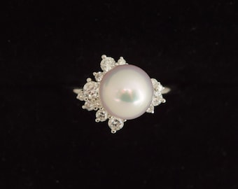 Noa Pearl and diamond cluster ring in white gold. Unique anniversary gift for her. June birthstone ring by Eidelprecious