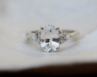 White sapphire engagement ring. 2.5ct oval diamond ring white gold ring. Campari design by Eidelprecious