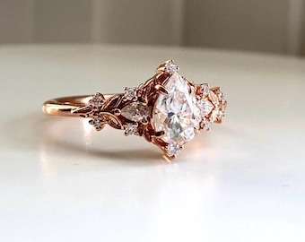 Greta Lab Diamond Elvish Engagement Ring: Pear Cut 14k Rose Gold