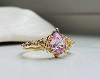 Aletta1 Wings Engagement Ring: 14k Gold, Pear Pink Sapphire,Diamonds
