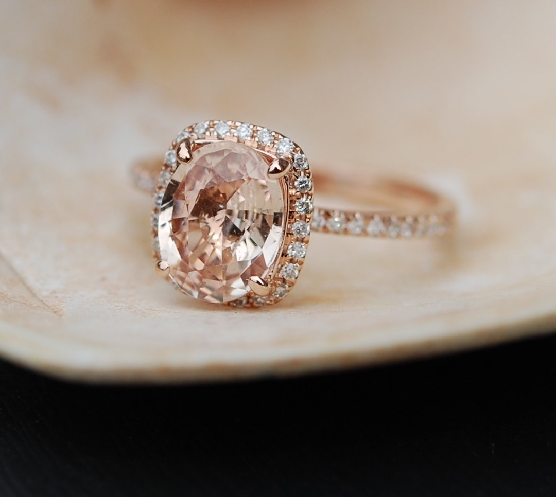 Peach Sapphire Ring Rose Gold Engagement Ring 3.5ct Cushion 14k Rose ...