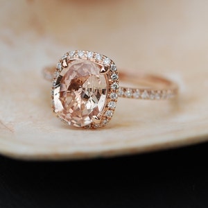 Peach Sapphire Ring Rose Gold Engagement Ring 3.5ct cushion 14k rose gold diamond ring by Eidelprecious