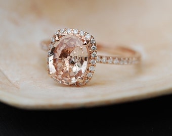 Peach Sapphire Ring Rose Gold Engagement Ring 3.5ct cushion 14k rose gold diamond ring by Eidelprecious