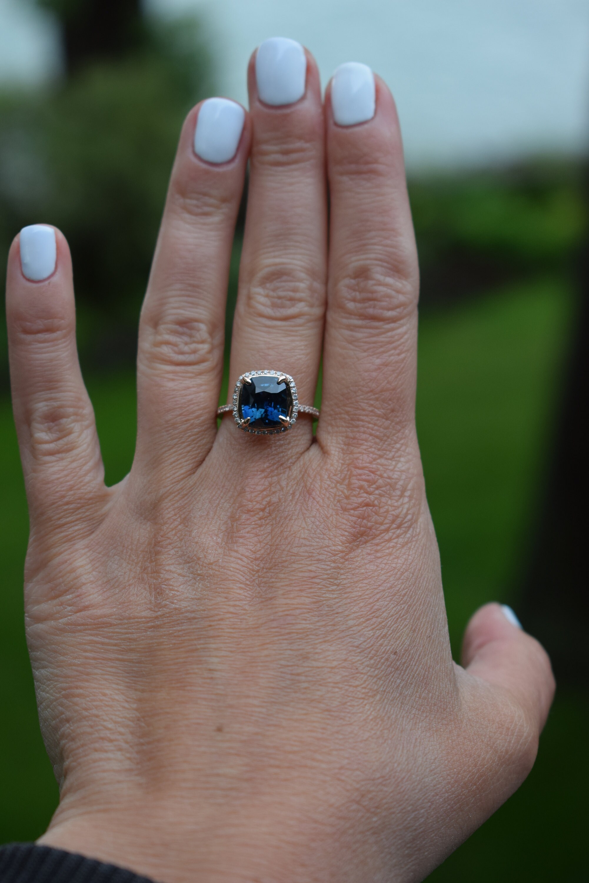 Peacock sapphire engagement ring. 4.11ct square cushion cut blue green ...