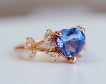 Lavender blue sapphire heart shaped engagement ring. Purple sapphire and diamond butterfly unique ring for alternative brides. Ready to ship