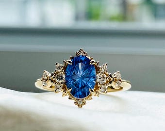 Blue Sapphire Engagement Ring, 1ct Starburst Fantasy Cut, Renaissance Fair Jewelry, 14k Gold