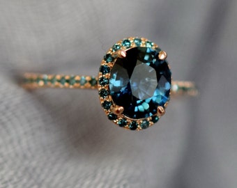 Blue Green sapphire engagement ring. Peacock sapphire oval halo blue green diamond ring 14k Rose gold ring by Eidelprecious