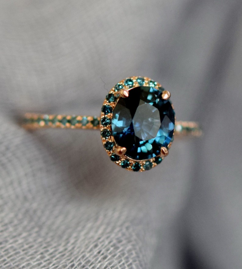 Blue Green sapphire ring. Peacock engagement ring. Oval Teal sapphire ring. 14k Rose gold engagement ring by Eidelprecious image 1