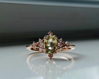 Dela Golden Green sapphire ring. Fantasy ring. Whimsical gold engagement ring. Enchanted sapphire and moissanite diamond ring Eidelpreciou
