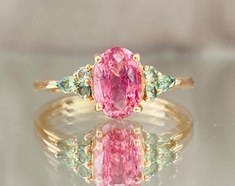 Padparadscha sapphire engagement ring. Pink and green gemstone ring. Floral engagement ring by  Eidelprecious