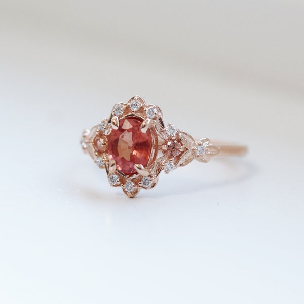 Tauriel padparadscha sapphire ring. LOTR Fantasy ring. Rose gold engagement ring. Sunset sapphire and diamond ring by Eidelprecious