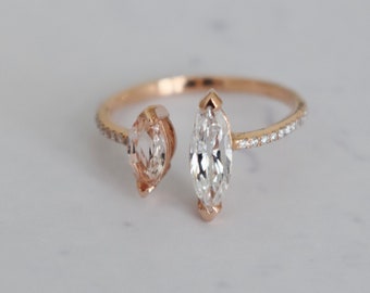 Toi et moi ring. Open ring. Marquise ring. 2 stone engagement ring. Pink sapphire and diamond ring. Rose gold engagement ring Eidelprecious.