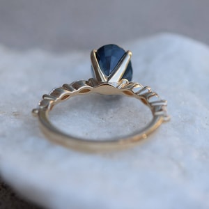 Peacock sapphire ring. Blue green sapphire engagement ring. Peacock blue sapphire oval diamond ring. Godivah ring. Yellow gold ring. image 5