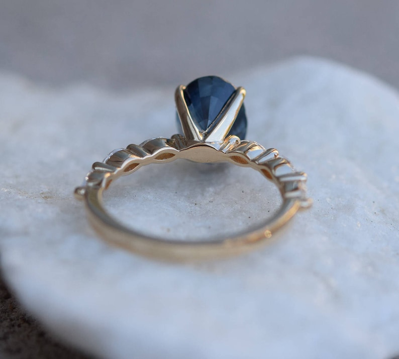 Peacock sapphire ring. Blue green sapphire engagement ring. Peacock blue sapphire oval diamond ring. Godivah ring. Yellow gold ring. image 5