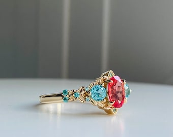 Asnat Padparadscha Engagement Ring Gold Paraiba Engagement Ring Whimsical Elvish Fantasy Ring Fairytale Ring