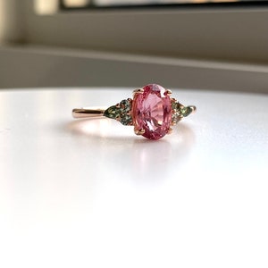 Padparadscha sapphire engagement ring. Pink and green gemstone ring. Floral engagement ring by Eidelprecious image 4