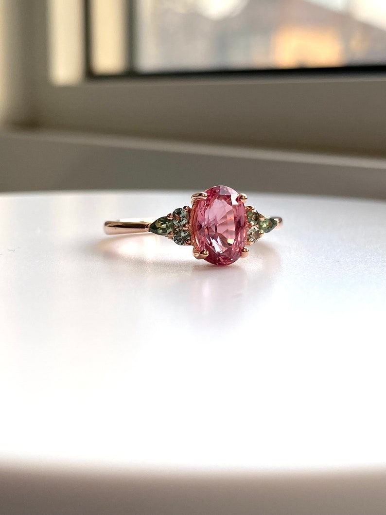 Padparadscha sapphire engagement ring. Pink and green gemstone ring. Floral engagement ring by Eidelprecious image 4