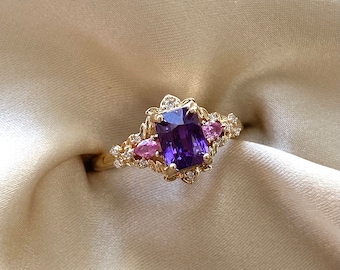 Arwen Violet sapphire engagement ring. Fantasy ring. 14k yellow Gold engagement ring. Purple and pink sapphire diamond ring by Eidelprecious