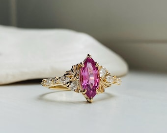 Magenta Sapphire Engagement Ring. Fiore Alpha Floral Ring with Marquise Sapphire and Lab Diamonds in 14k Gold