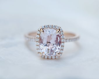 Peach champagne sapphire ring 14k rose gold diamond ring engagement ring 2.8ct Cushion ice peach sapphire. Engagement ring by Eidelprecious